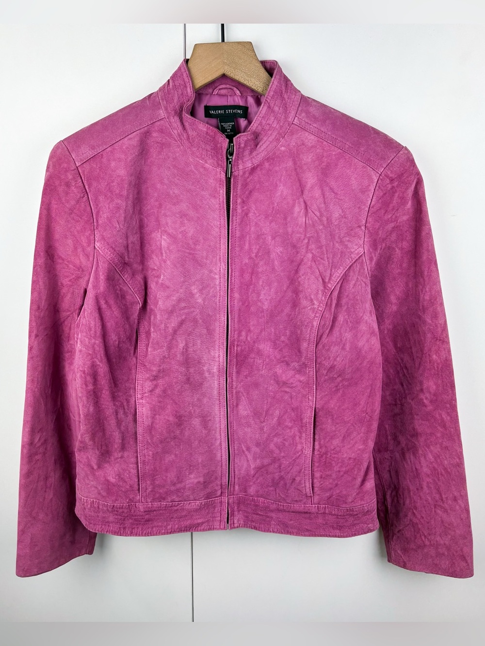 Vintage 90s Suede Leather Zip Front Jacket Coat Berry Pink Valerie Stevens